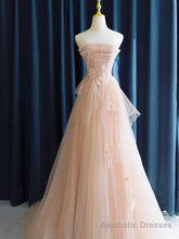 Cute Pink  Strapless Tulle Long Formal Dress with Flowers, Pink Tulle Prom Dress